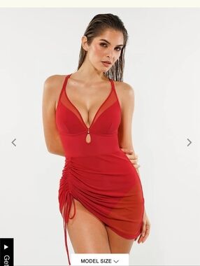 Popilush Sculpting Curve Mesh Skirt Dress One-Piece Swimsuit Cherry Red XL NWT